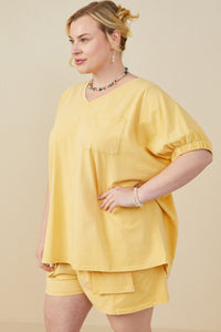 HY8312 Yellow Womens Garment Washed V Neck Elastic Sleeve T Shirt Gif