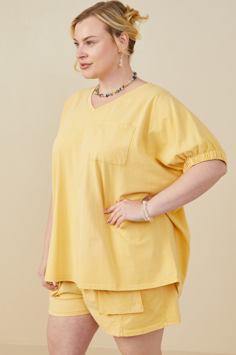 HY8312 Yellow Womens Garment Washed V Neck Elastic Sleeve T Shirt Gif