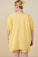 HY8312W Yellow Plus Garment Washed V Neck Elastic Sleeve T Shirt Gif