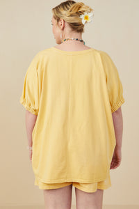 HY8312W Yellow Plus Garment Washed V Neck Elastic Sleeve T Shirt Gif