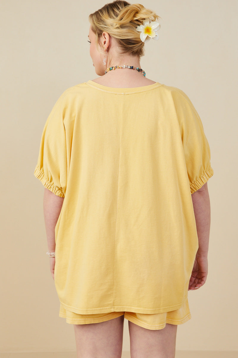 HY8312W Yellow Plus Garment Washed V Neck Elastic Sleeve T Shirt Gif