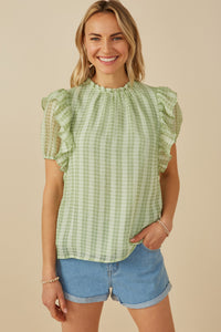 HY8318 Sage Womens Ruffle Shoulder Puffed Checker Textured Top Front