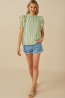 HY8318 Sage Womens Ruffle Shoulder Puffed Checker Textured Top Gif