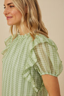 HY8318 Sage Womens Ruffle Shoulder Puffed Checker Textured Top Full Body