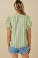 HY8318 Sage Womens Ruffle Shoulder Puffed Checker Textured Top Detail