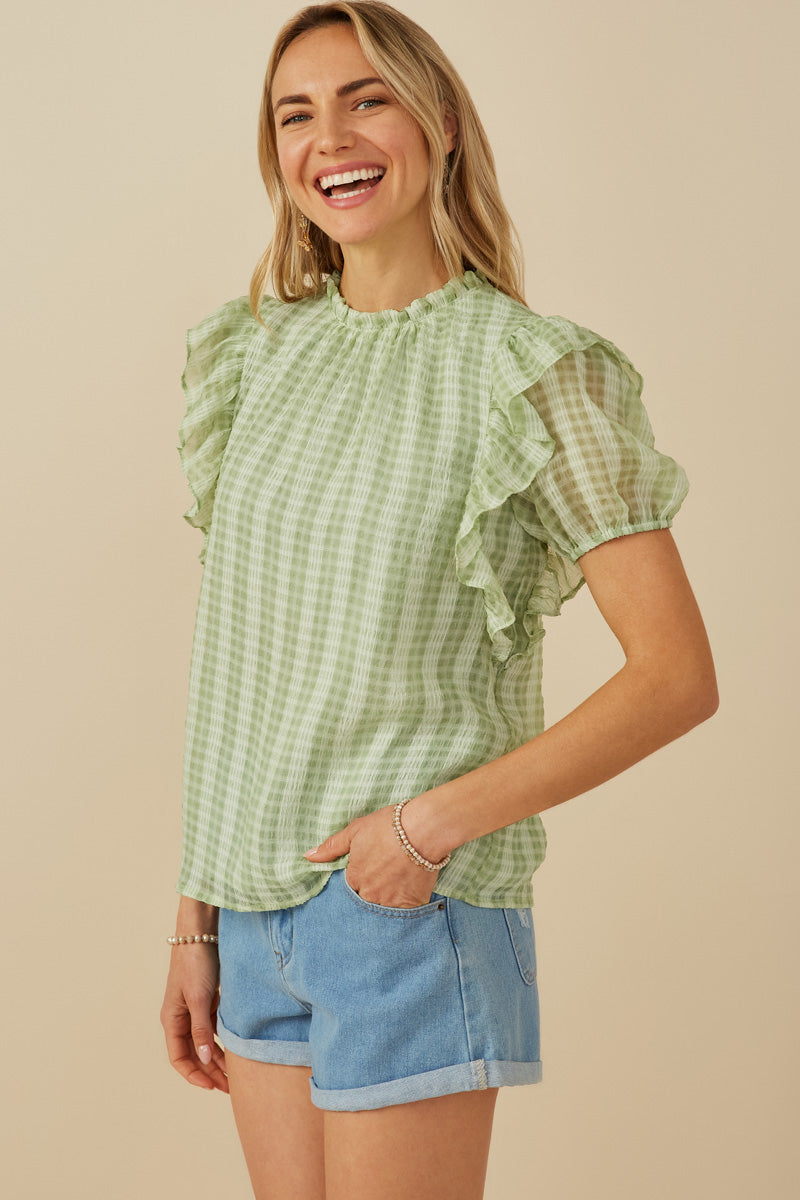 HY8318 Sage Womens Ruffle Shoulder Puffed Checker Textured Top Back