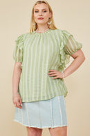 HY8318W Sage Plus Ruffle Shoulder Puffed Checker Textured Top Front