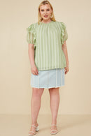 HY8318 Sage Womens Ruffle Shoulder Puffed Checker Textured Top Side