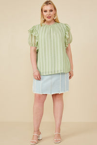 HY8318 Sage Womens Ruffle Shoulder Puffed Checker Textured Top Side