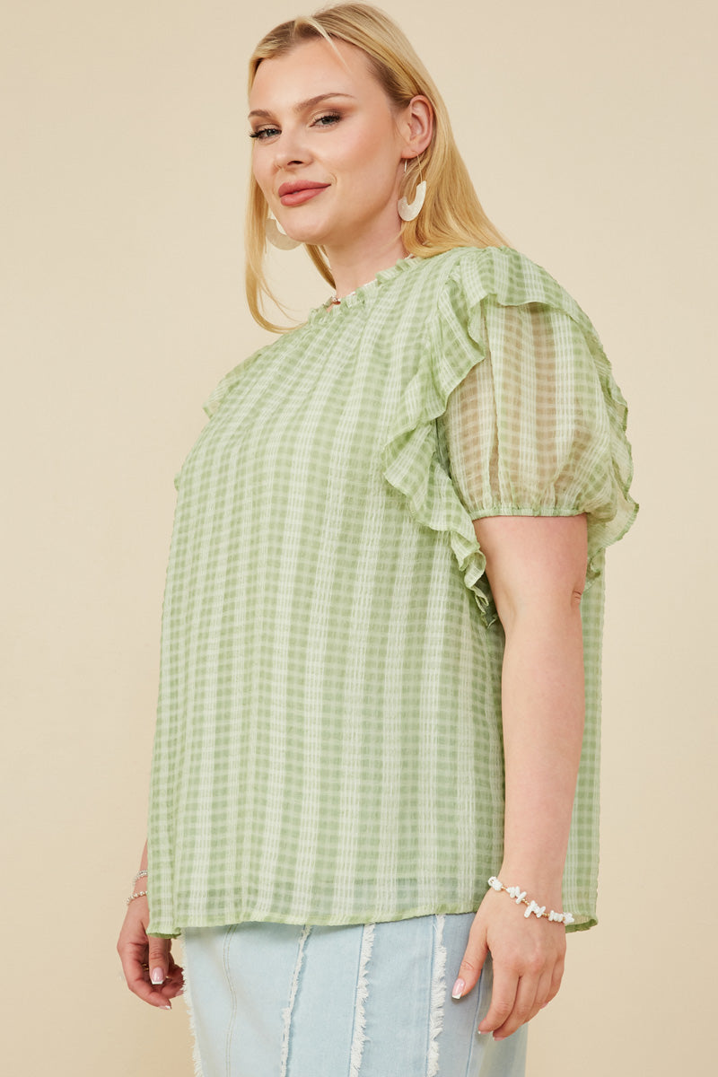 HY8318W Sage Plus Ruffle Shoulder Puffed Checker Textured Top Gif