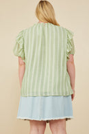 HY8318W Sage Plus Ruffle Shoulder Puffed Checker Textured Top Full Body