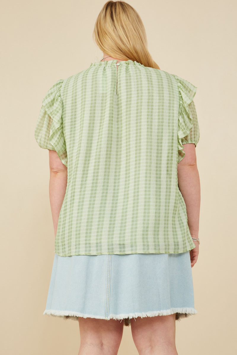 HY8318W Sage Plus Ruffle Shoulder Puffed Checker Textured Top Full Body