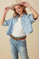HY8321 Light Denim Womens Frayed Hem Boxy Cropped Denim Chore Jacket Pose