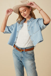 HY8321 Light Denim Womens Frayed Hem Boxy Cropped Denim Chore Jacket Pose