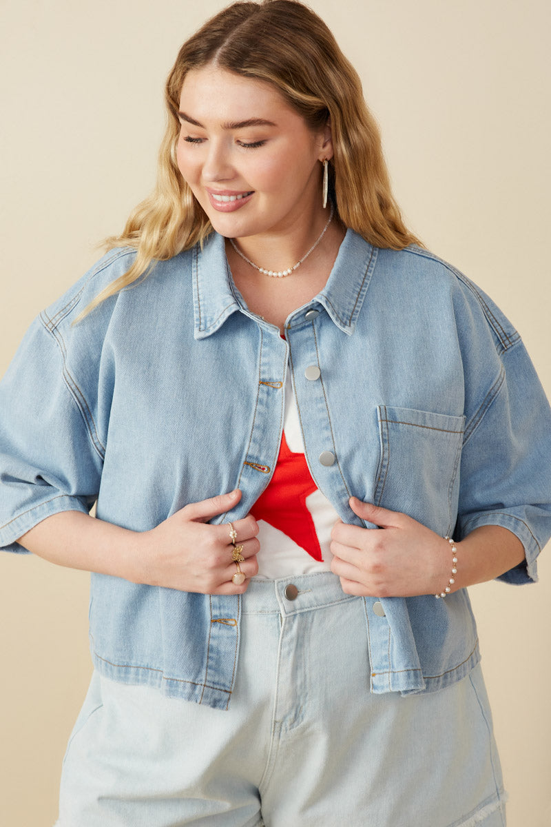 Frayed Hem Boxy Cropped Denim Chore Jacket