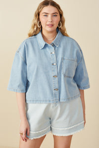 HY8321W Light Denim Plus Frayed Hem Boxy Cropped Denim Chore Jacket Gif