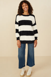 HY8336 Ivory/Black Womens Fuzzy Striped Pullover Sweater Gif