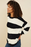 HY8336 Ivory/Black Womens Fuzzy Striped Pullover Sweater Full Body