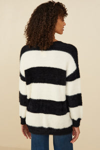 HY8336 Ivory/Black Womens Fuzzy Striped Pullover Sweater Side