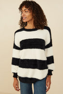 HY8336 Ivory/Black Womens Fuzzy Striped Pullover Sweater Back
