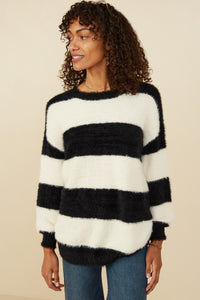 HY8336 Ivory/Black Womens Fuzzy Striped Pullover Sweater Back