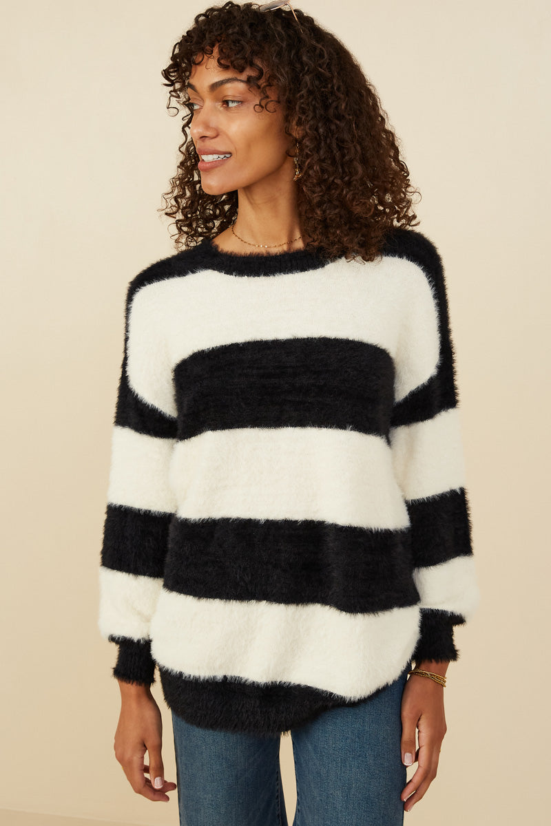 HY8336 Ivory/Black Womens Fuzzy Striped Pullover Sweater Back