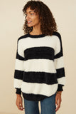 HY8336 Ivory/Black Womens Fuzzy Striped Pullover Sweater Back