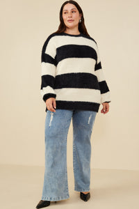 HY8336 Ivory/Black Womens Fuzzy Striped Pullover Sweater Front 2