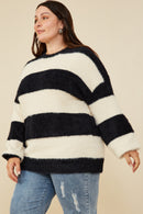 HY8336W Ivory/Black Plus Fuzzy Striped Pullover Sweater Gif