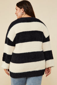 HY8336W Ivory/Black Plus Fuzzy Striped Pullover Sweater Full Body