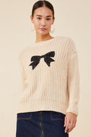 HY8339 Ivory Womens Low Gauge Sweater with Sequin Bow Patch Gif