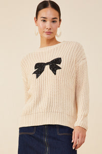 HY8339 Ivory Womens Low Gauge Sweater with Sequin Bow Patch Gif