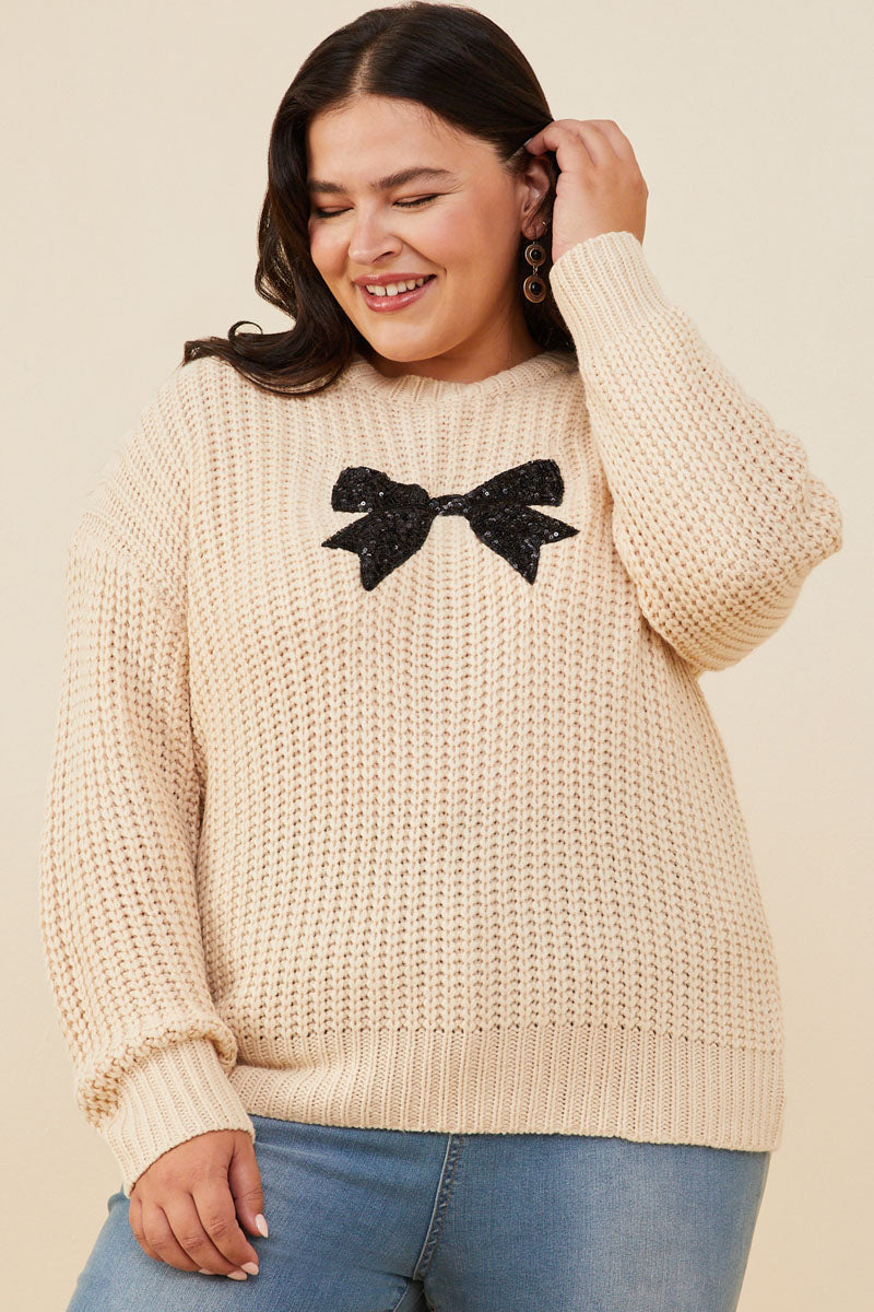 Womens Low Gauge Sweater with Sequin Bow Patch