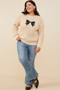 HY8339W Ivory Plus Low Gauge Sweater with Sequin Bow Patch Gif