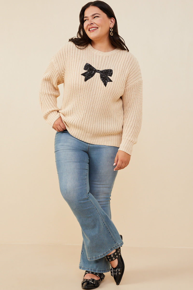 HY8339W Ivory Plus Low Gauge Sweater with Sequin Bow Patch Gif