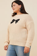 HY8339W Ivory Plus Low Gauge Sweater with Sequin Bow Patch Full Body