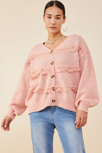 HY8343 Cream Womens Lace Frilled Buttoned Sweater Cardigan Front