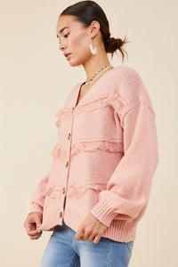 HY8343 Cream Womens Lace Frilled Buttoned Sweater Cardigan Full Body