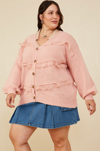 HY8343W Cream Plus Lace Frilled Buttoned Sweater Cardigan Front