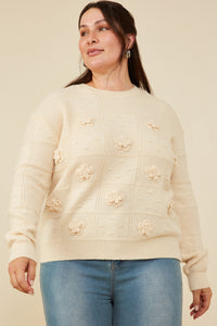 HY8345 Ivory Womens Hand Knit Floral Patch Sweater Side