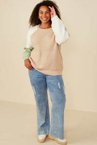 HY8347 Taupe Mix Womens Asymmetric Color Block Pullover Sweater Back