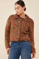HY8349 Brown Mix Womens Multicolor Yarn Collared Button Sweater Cardigan Front