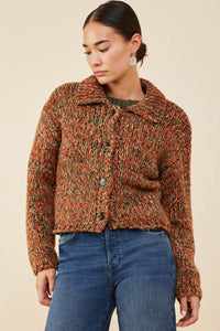 HY8349 Brown Mix Womens Multicolor Yarn Collared Button Sweater Cardigan Front