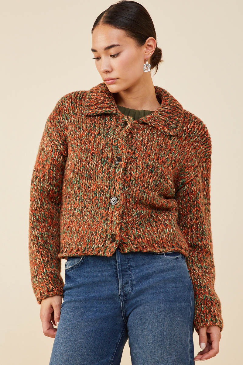 Multicolor Yarn Collared Button Sweater Cardigan
