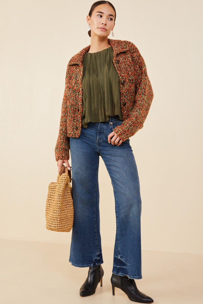 HY8349 Brown Mix Womens Multicolor Yarn Collared Button Sweater Cardigan Gif