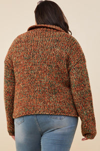 HY8349W Brown Mix Plus Multicolor Yarn Collared Button Sweater Cardigan Full Body