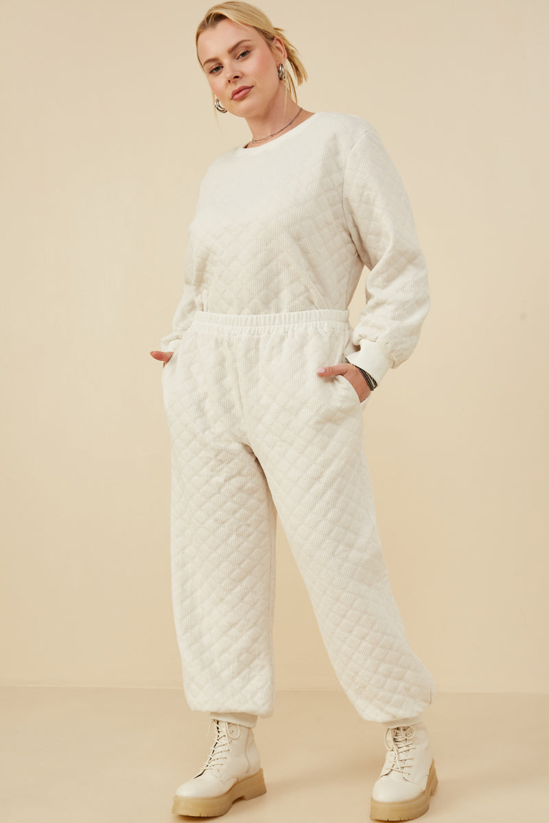 HY8369W Ivory Plus Quilted Elastic Waist Knit Pants Side