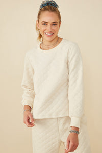 HY8370 Ivory Womens Quilted Knit Pullover Sweatshirt Front