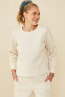 HY8370 Ivory Womens Quilted Knit Pullover Sweatshirt Gif