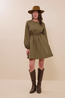HY8372 Olive Womens Quilted Long Sleeve A Line Dress Gif